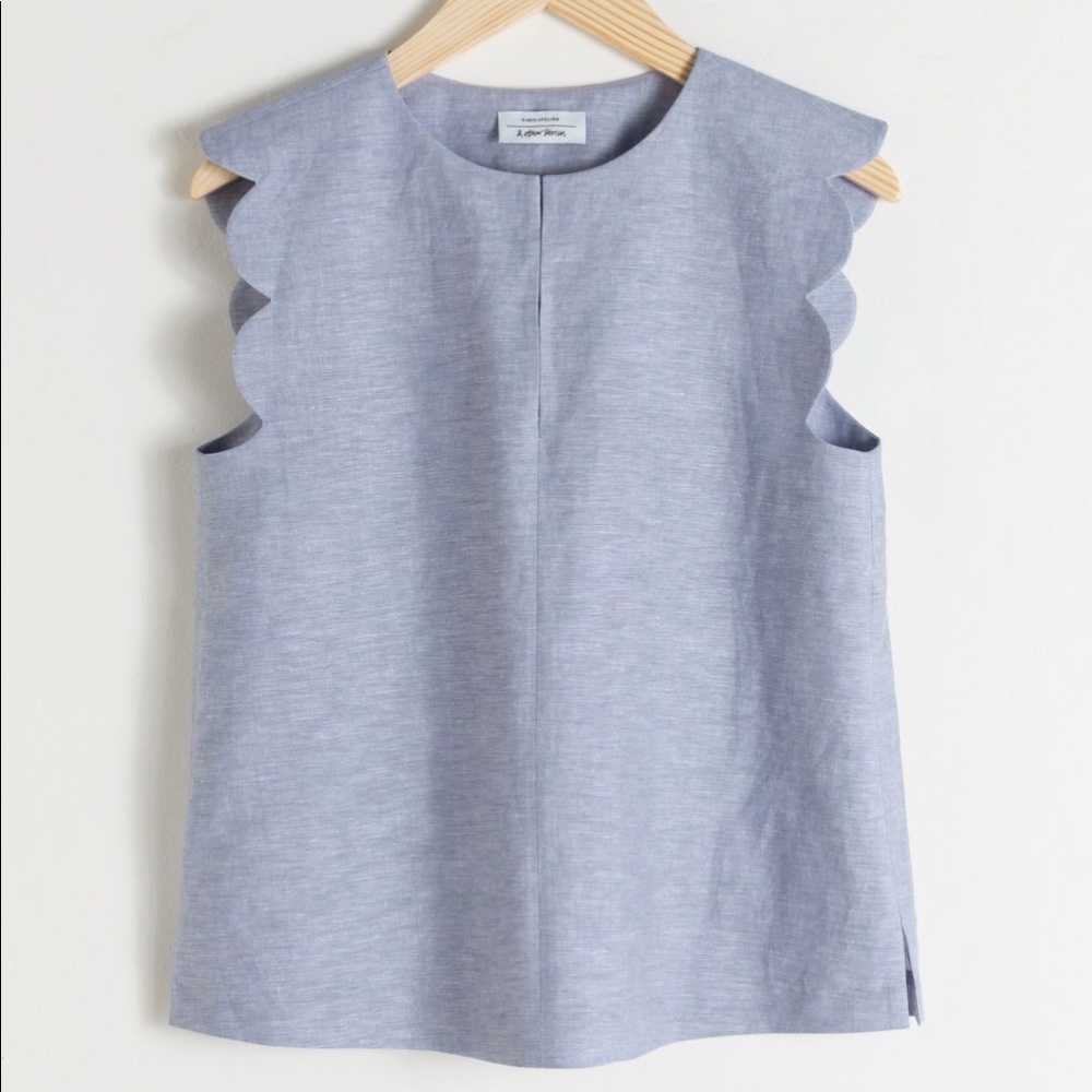 & Other Stories Light Blue Scallop Sleeve Linen Blend Top